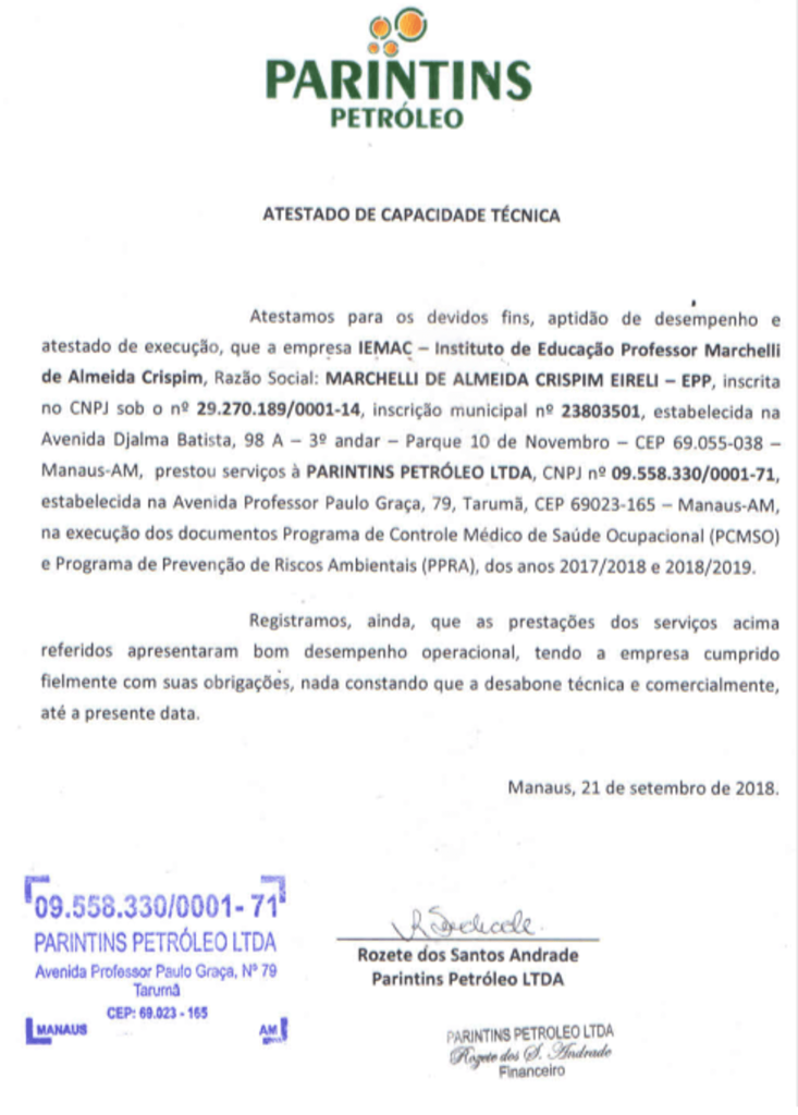 Atestado de Capacidade Técnica - Parintins Petróleo