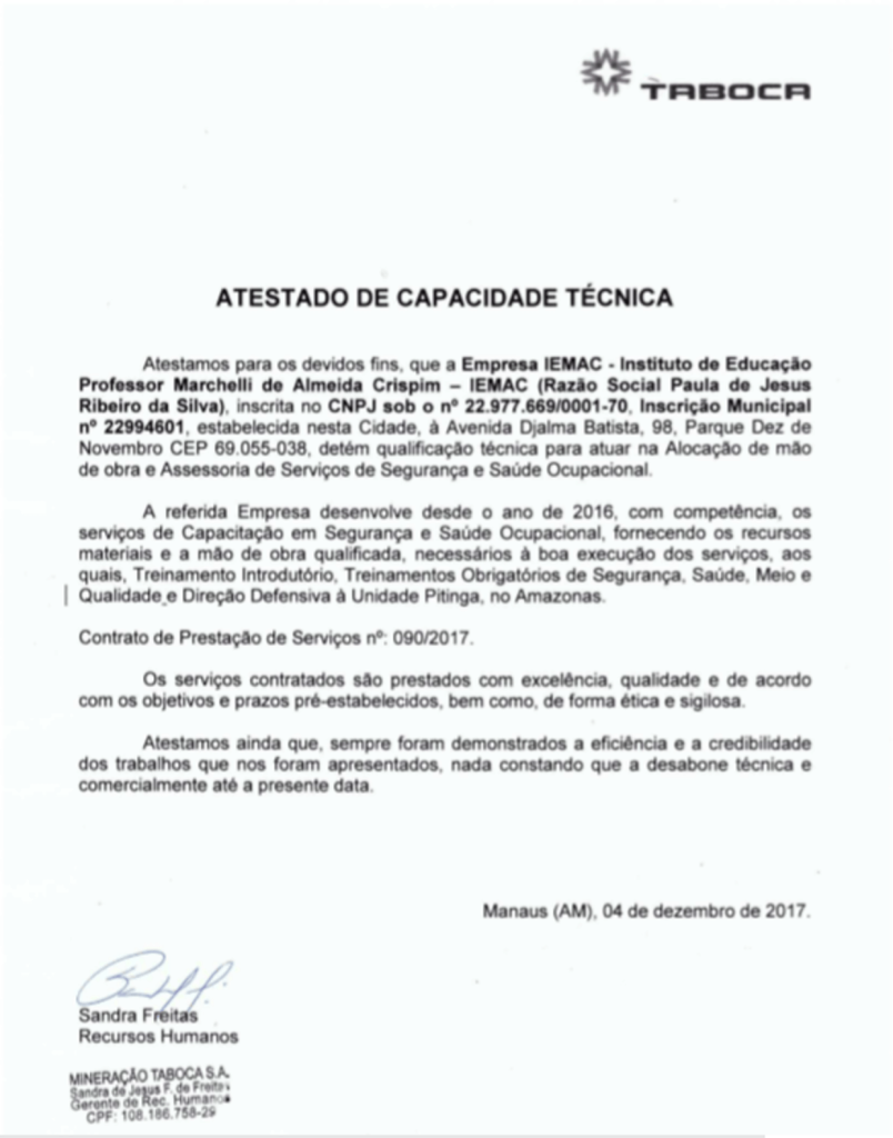 Atestado de Capacidade Técnica - Taboca