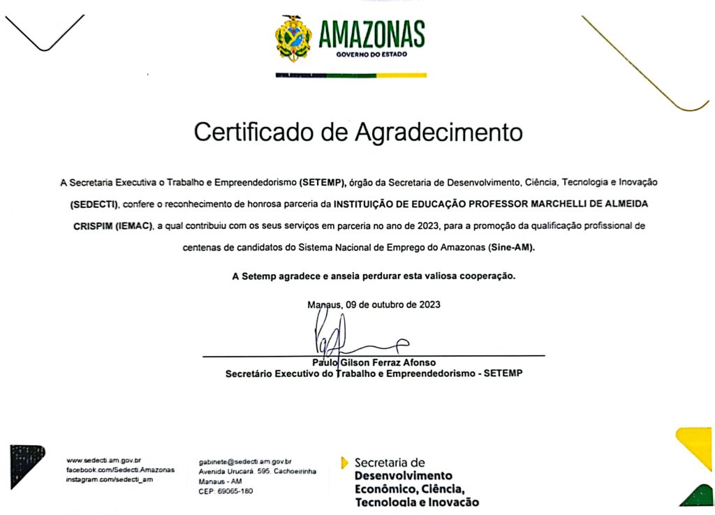 Certificado de Agradecimento Setemp